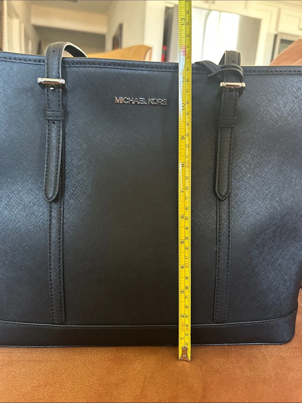 Michael Kors Black Saffiano Tote with silver MK Charm